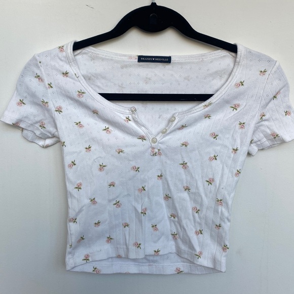 Brandy Melville Tops - Brandy Melville floral button crop top size small. Like new. White